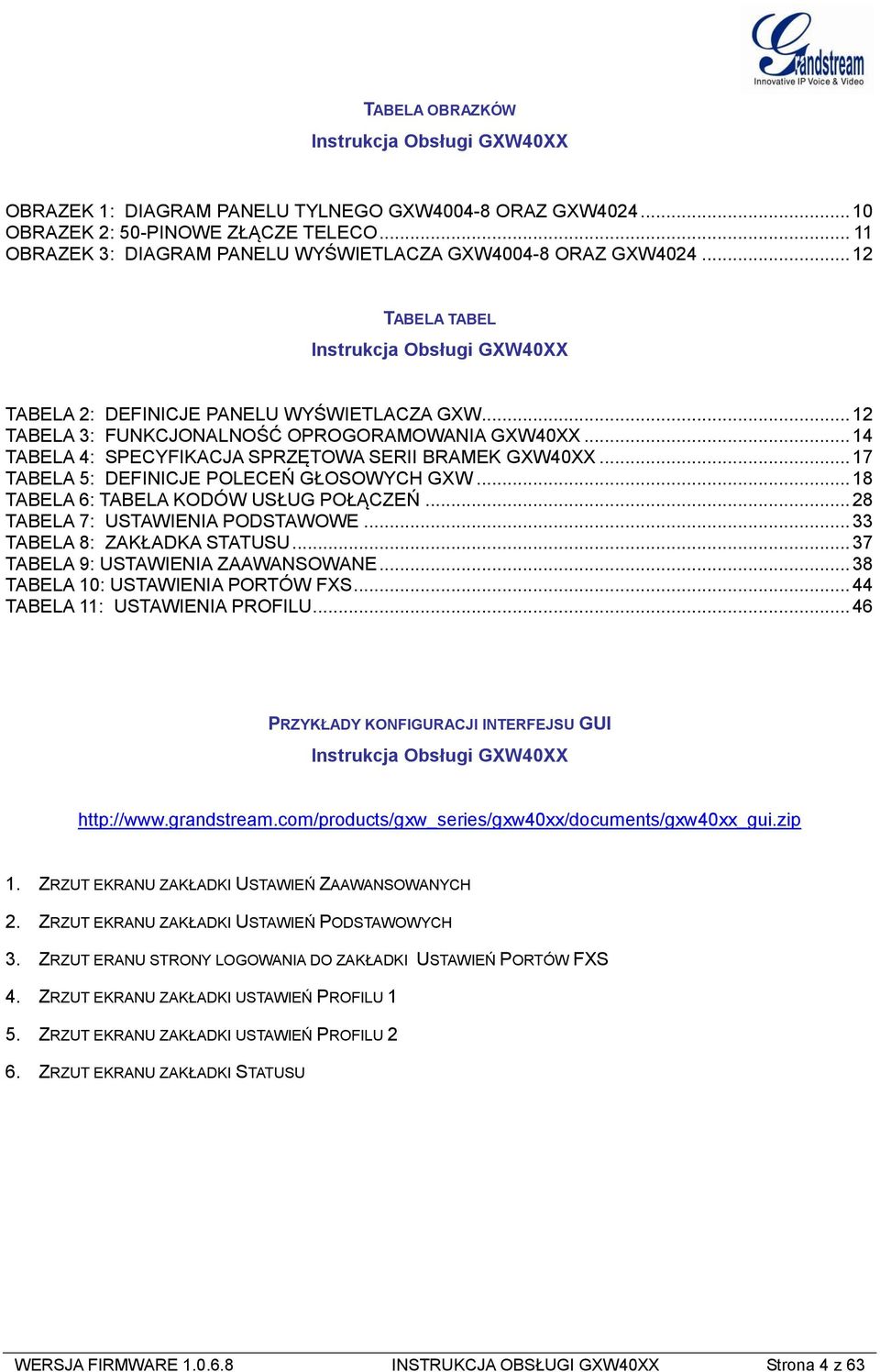 .. 12 TABELA 3: FUNKCJONALNOŚĆ OPROGORAMOWANIA GXW40XX... 14 TABELA 4: SPECYFIKACJA SPRZĘTOWA SERII BRAMEK GXW40XX... 17 TABELA 5: DEFINICJE POLECEŃ GŁOSOWYCH GXW.