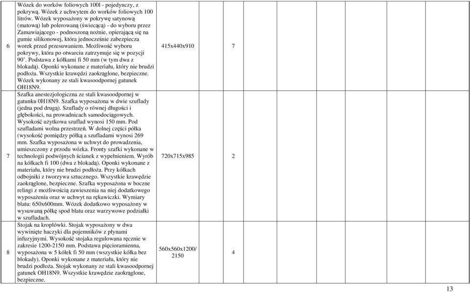 przed przesuwaniem. Możliwość wyboru pokrywy, która po otwarciu zatrzymuje się w pozycji 90. Podstawa z kółkami fi 50 mm (w tym dwa z blokadą). Oponki wykonane z materiału, który nie brudzi podłoża.