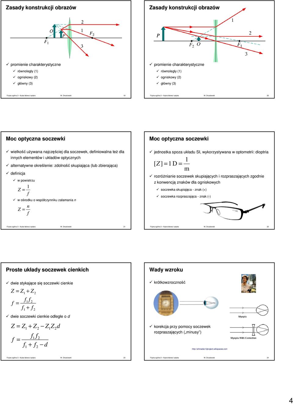 Drozdowski 0 Moc optycza soczewki Moc optycza soczewki wielkość używaa ajczęściej dla soczewek, deiiowala też dla iych elemetów i układów optyczych alteratywe określeie: zdolość skupiająca (lub