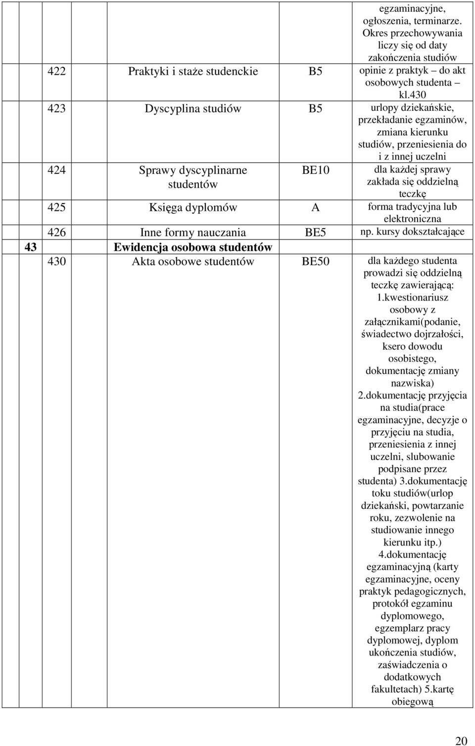 oddzielną teczkę 425 Księga dyplomów forma tradycyjna lub elektroniczna 426 Inne formy nauczania BE5 np.