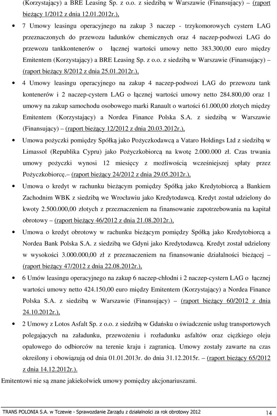 umowy netto 383.300,00 euro między Emitentem (Korzystający) a BRE Leasing Sp. z o.o. z siedzibą w Warszawie (Finansujący) (raport bieżący 8/2012 z dnia 25.01.2012r.