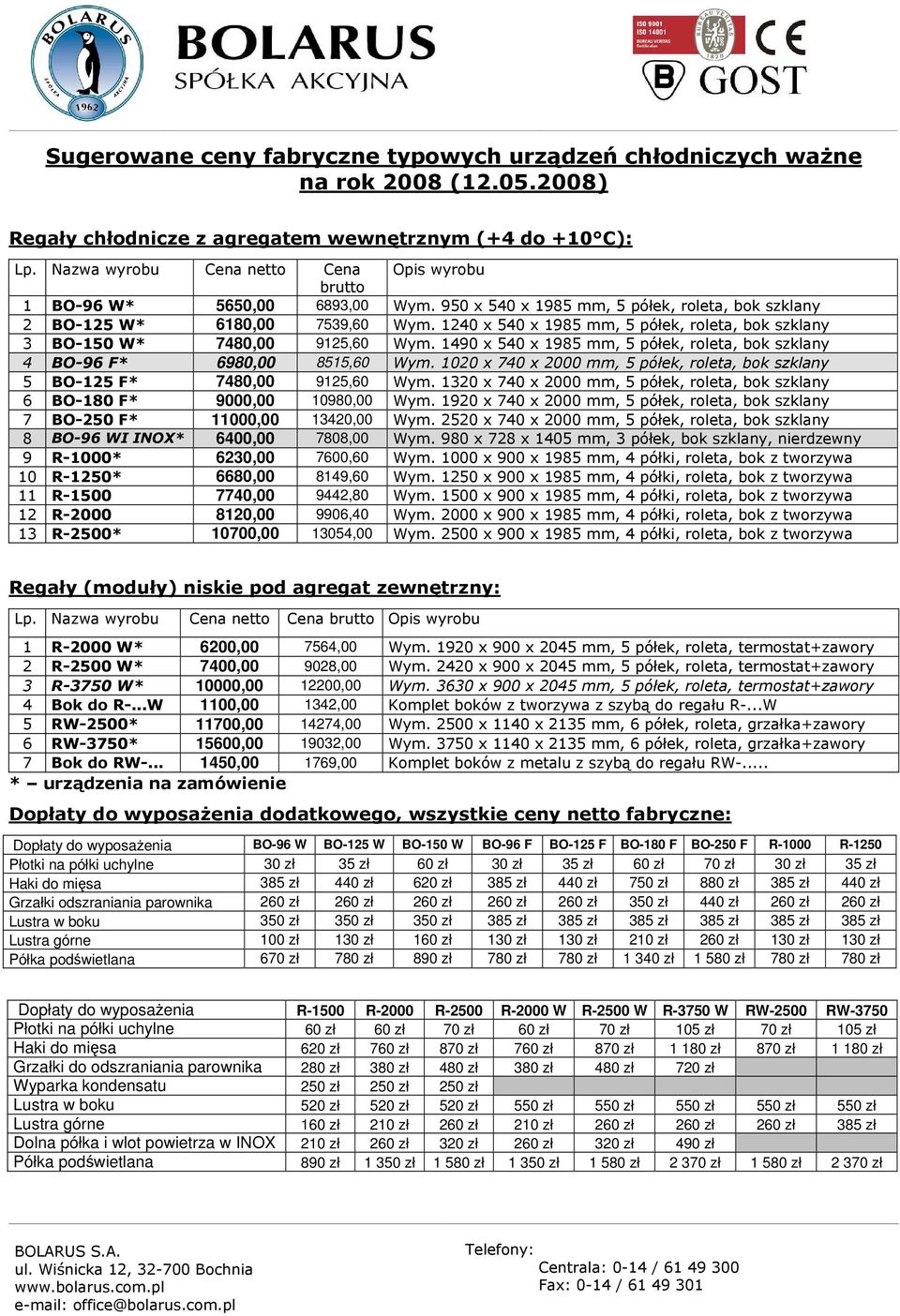 1020 x 740 x 2000 mm, 5 półek, roleta, bok szklany 5 BO-125 F* 7480,00 9125,60 Wym. 1320 x 740 x 2000 mm, 5 półek, roleta, bok szklany 6 BO-180 F* 9000,00 10980,00 Wym.