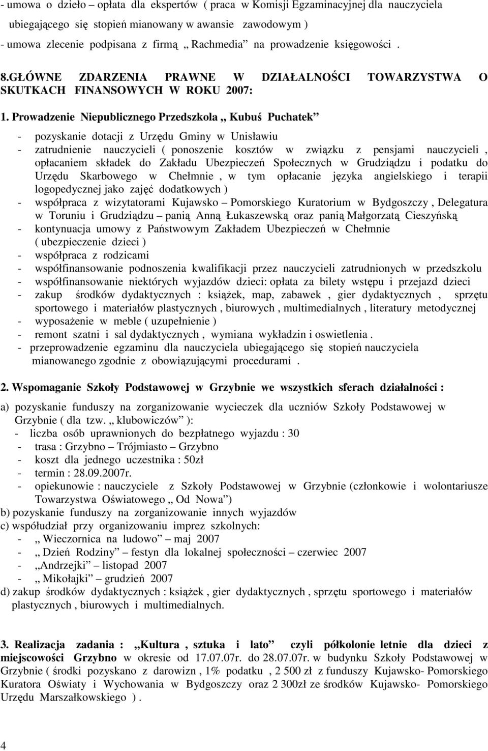 Prowadzenie Niepublicznego Przedszkola Kubuś Puchatek - pozyskanie dotacji z Urzędu Gminy w Unisławiu - zatrudnienie nauczycieli ( ponoszenie kosztów w związku z pensjami nauczycieli, opłacaniem