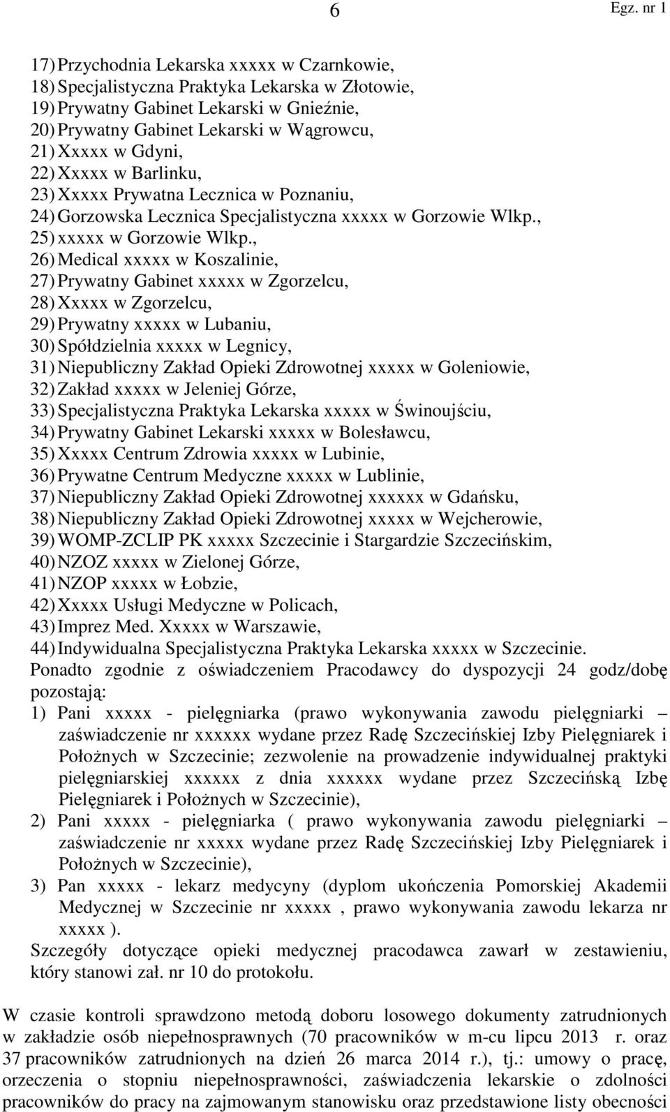 , 26) Medical xxxxx w Koszalinie, 27) Prywatny Gabinet xxxxx w Zgorzelcu, 28) Xxxxx w Zgorzelcu, 29) Prywatny xxxxx w Lubaniu, 30) Spółdzielnia xxxxx w Legnicy, 31) Niepubliczny Zakład Opieki