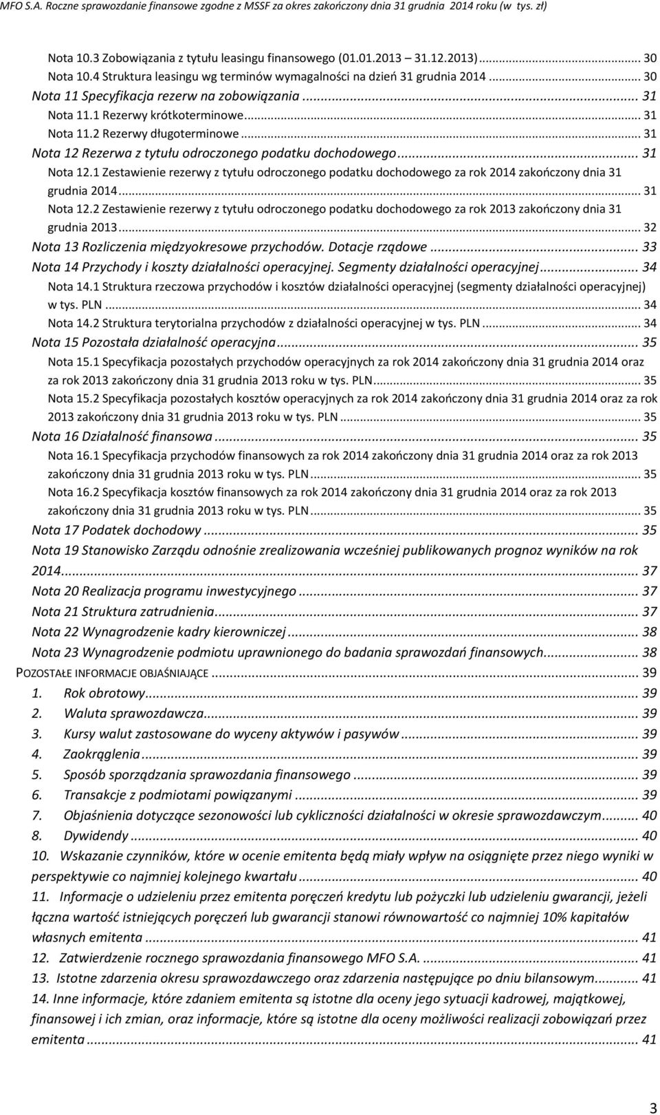 .. 31 Nota 12.1 Zestawienie rezerwy z tytułu odroczonego podatku dochodowego za rok 2014 zakończony dnia 31 grudnia 2014... 31 Nota 12.2 Zestawienie rezerwy z tytułu odroczonego podatku dochodowego za rok 2013 zakończony dnia 31 grudnia 2013.