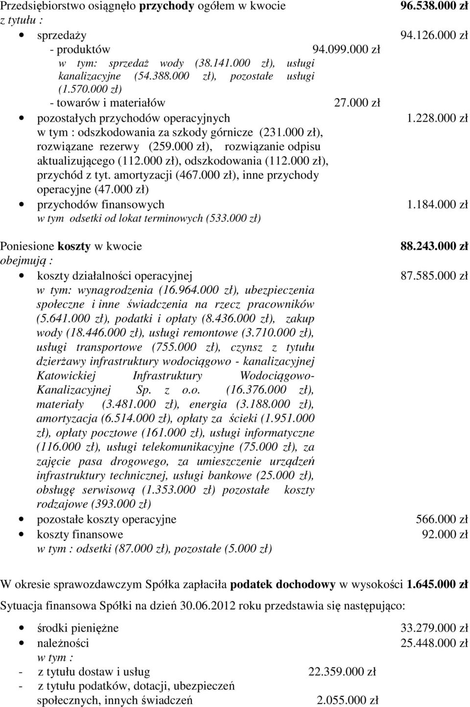 000 zł), rozwiązane rezerwy (259.000 zł), rozwiązanie odpisu aktualizującego (112.000 zł), odszkodowania (112.000 zł), przychód z tyt. amortyzacji (467.000 zł), inne przychody operacyjne (47.
