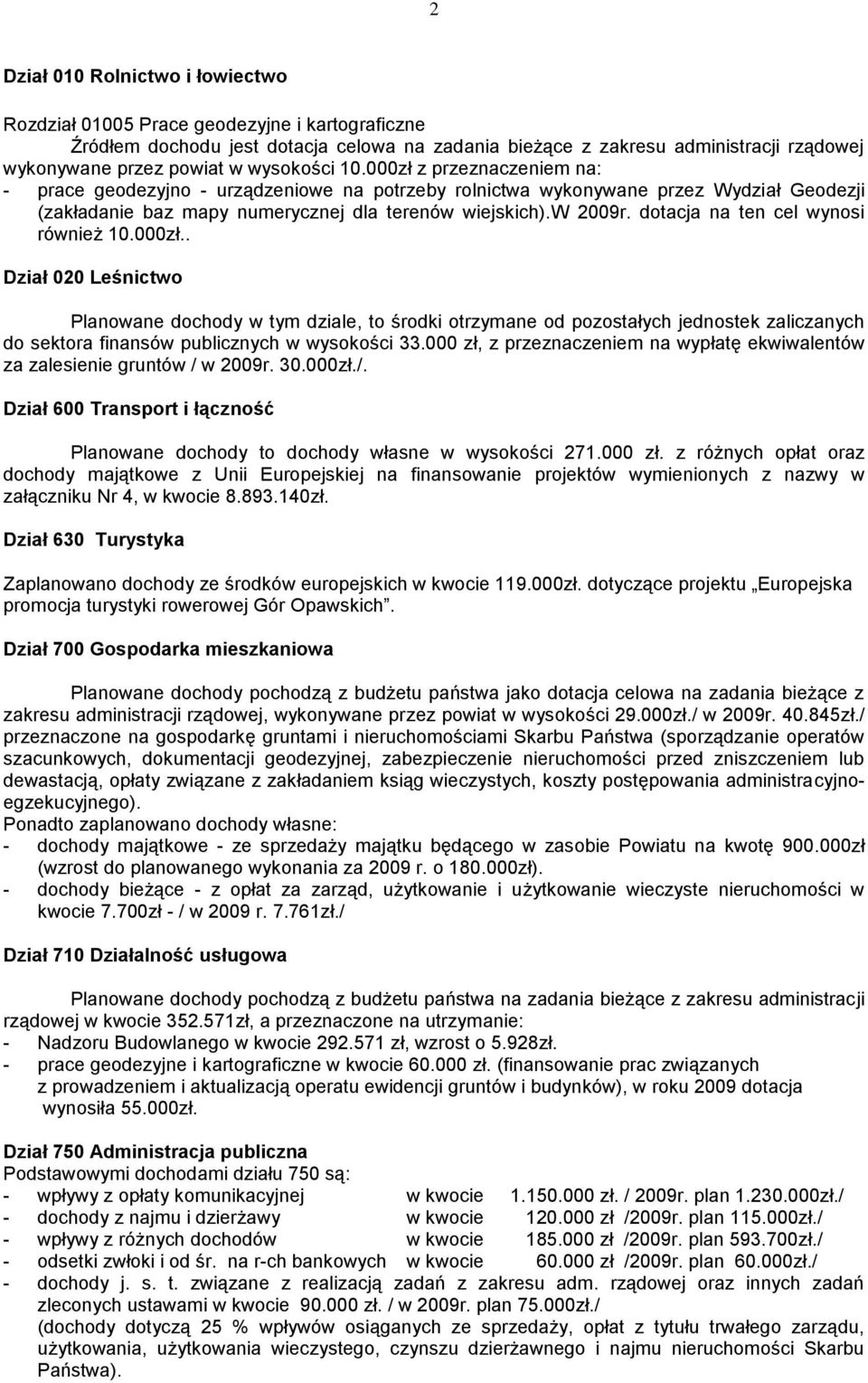 dotacja na ten cel wynosi również 10.000zł.. Dział 020 Leśnictwo Planowane dochody w tym dziale, to środki otrzymane od pozostałych jednostek zaliczanych do sektora finansów publicznych w wysokości 33.