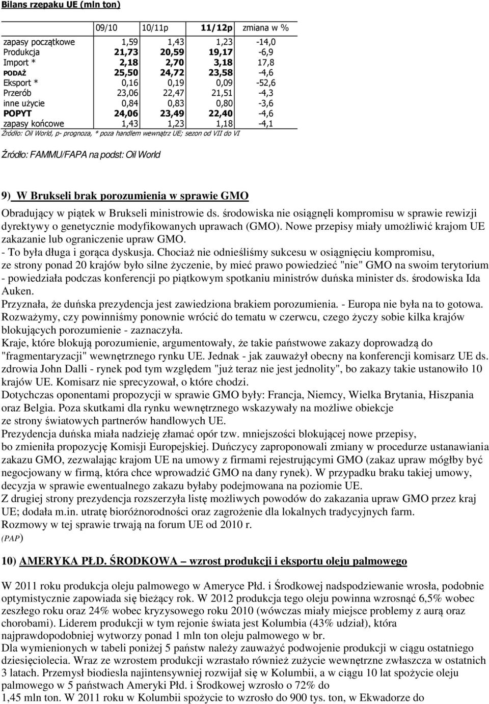 UE; sezon od VII do VI Źródło: FAMMU/FAPA na podst: Oil World 9) W Brukseli brak porozumienia w sprawie GMO Obradujący w piątek w Brukseli ministrowie ds.