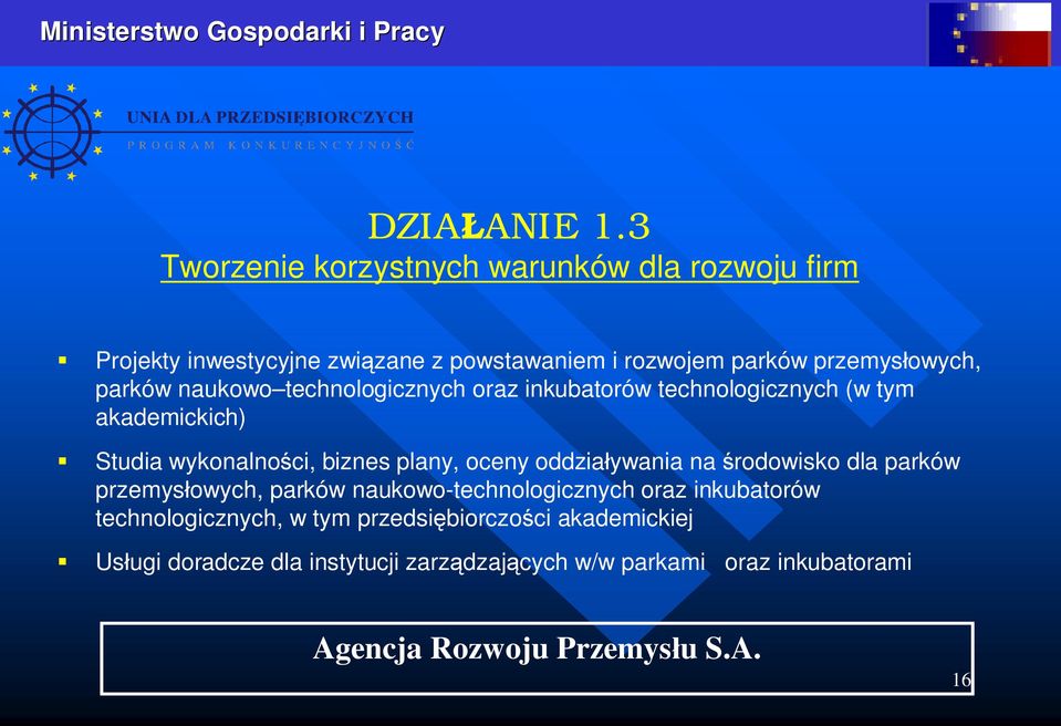 parków naukowo technologicznych oraz inkubatorów technologicznych (w tym akademickich) Studia wykonalno ci, biznes plany, oceny