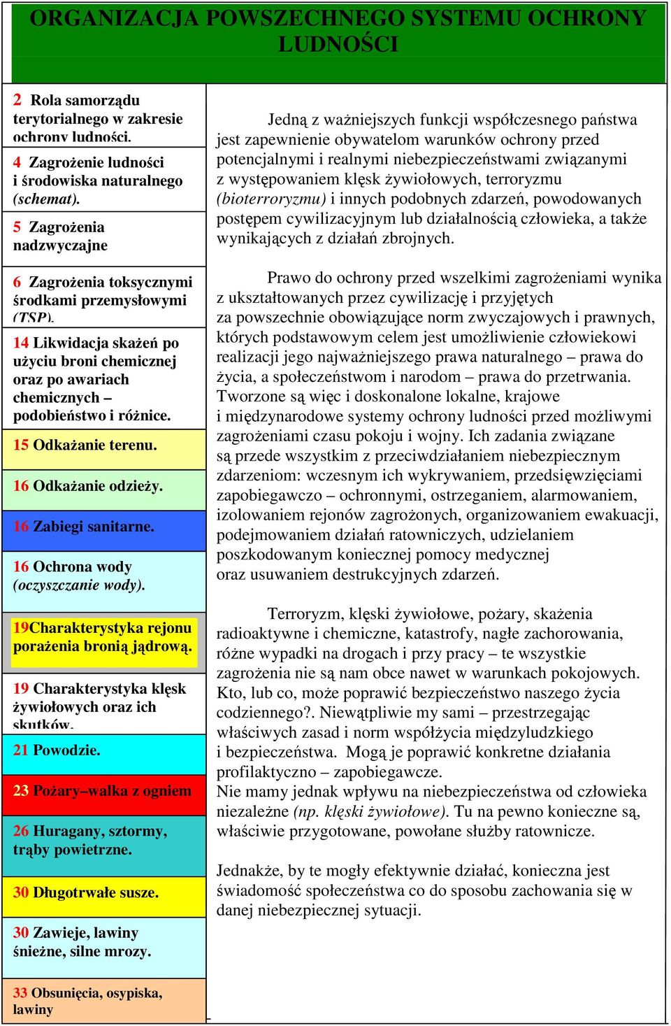 15 OdkaŜanie terenu. 16 OdkaŜanie odzieŝy. 16 Zabiegi sanitarne. 16 Ochrona wody (oczyszczanie wody). 19Charakterystyka rejonu poraŝenia bronią jądrową.