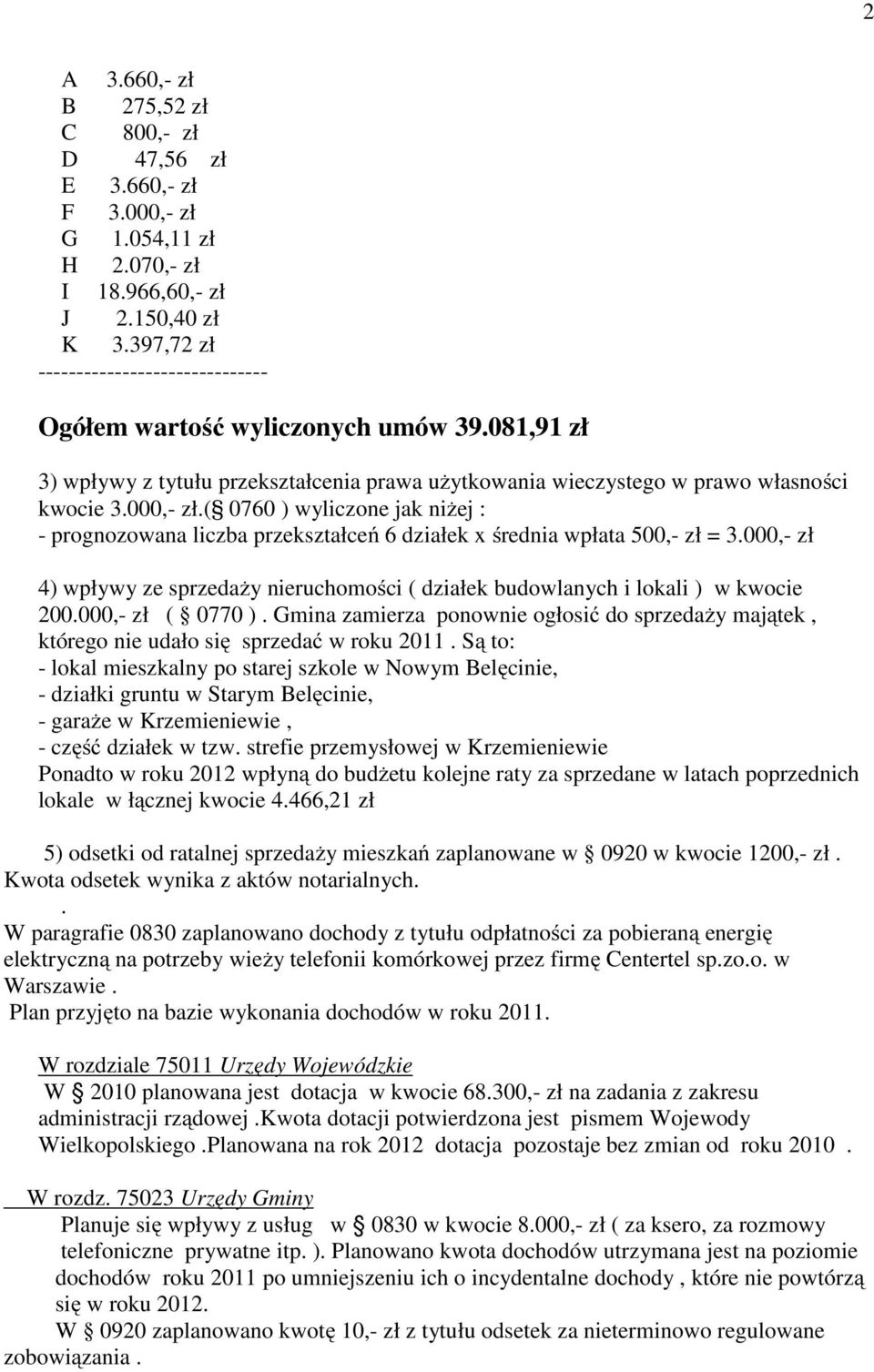 ( 0760 ) wyliczone jak niżej : - prognozowana liczba przekształceń 6 działek x średnia wpłata 500,- zł = 3.000,- zł 4) wpływy ze sprzedaży nieruchomości ( działek budowlanych i lokali ) w kwocie 200.