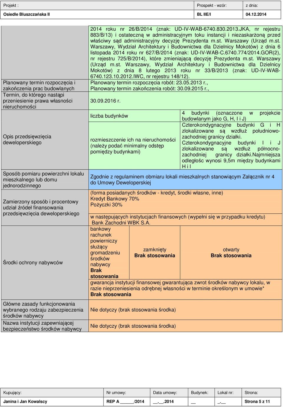 rodzaju zabezpieczenia środków nabywcy Nazwa instytucji zapewniającej bezpieczeństwo środków nabywcy 2014 roku nr 26/B/2014 (znak: UD-IV-WAB-6740.830.2013.