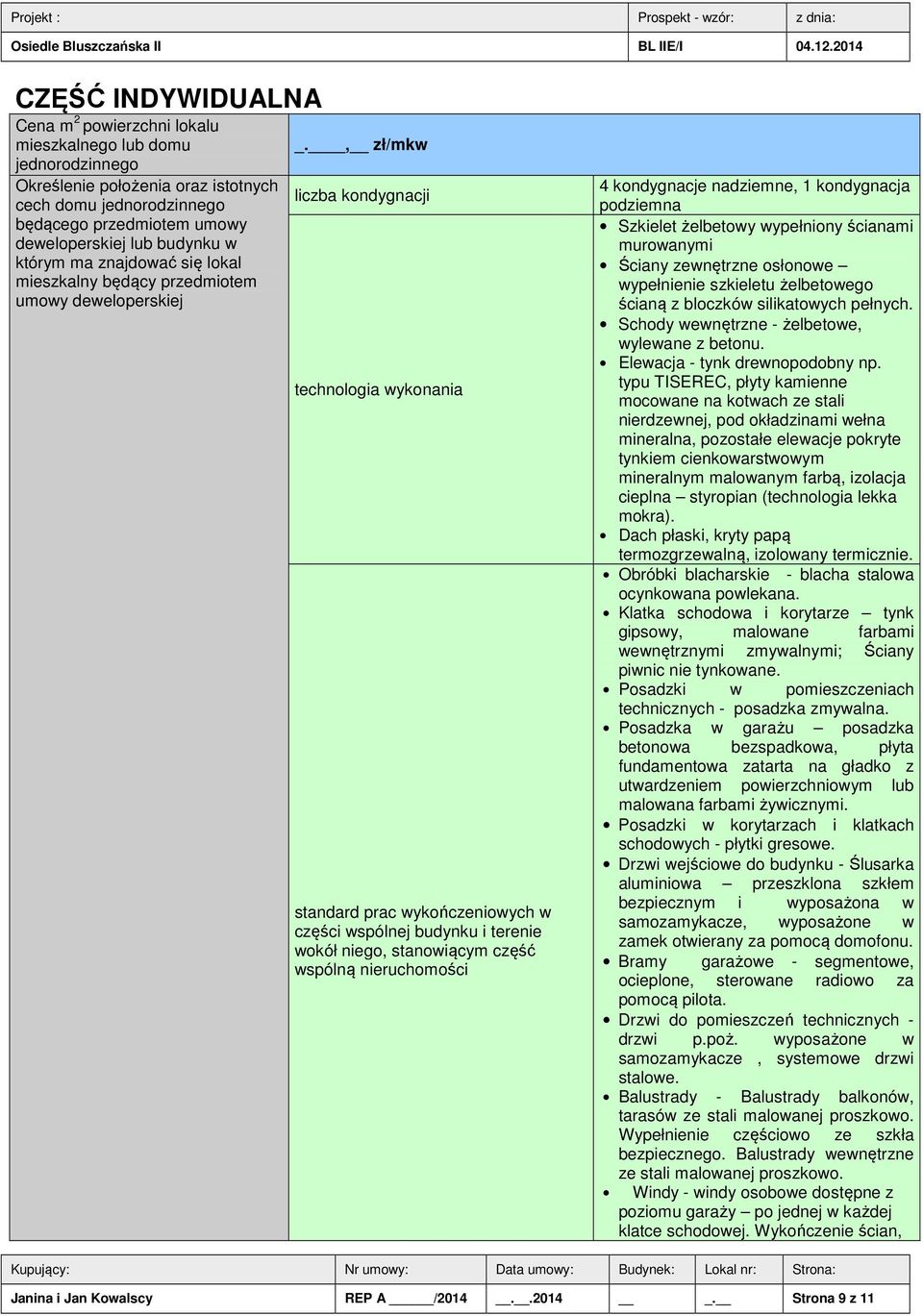 , zł/mkw liczba kondygnacji technologia wykonania standard prac wykończeniowych w części wspólnej budynku i terenie wokół niego, stanowiącym część wspólną nieruchomości 4 kondygnacje nadziemne, 1