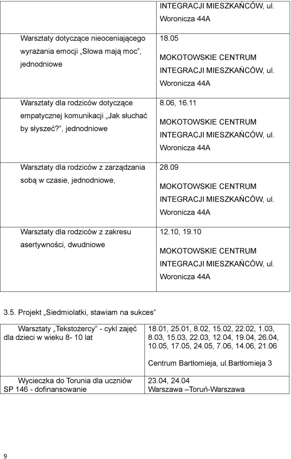 10 3.5. Projekt Siedmiolatki, stawiam na sukces Warsztaty Tekstożercy - cykl zajęć dla dzieci w wieku 8-10 lat 18.01, 25.01, 8.02, 15.02, 22.02, 1.03, 8.03, 15.03, 22.03, 12.