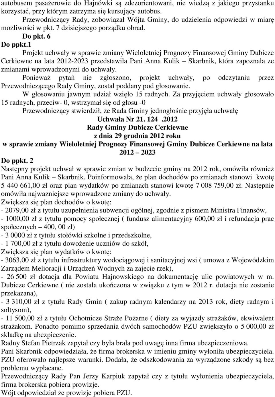 1 Projekt uchwały w sprawie zmiany Wieloletniej Prognozy Finansowej Gminy Dubicze Cerkiewne na lata 2012-2023 przedstawiła Pani Anna Kulik Skarbnik, która zapoznała ze zmianami wprowadzonymi do