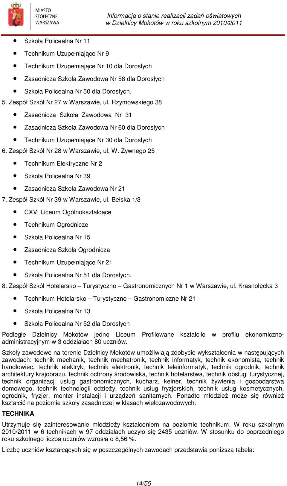 rszawie, ul. W. Żywnego 25 Technikum Elektryczne Nr 2 Szkoła Policealna Nr 39 Zasadnicza Szkoła Zawodowa Nr 21 7. Zespół Szkół Nr 39 w Warszawie, ul.