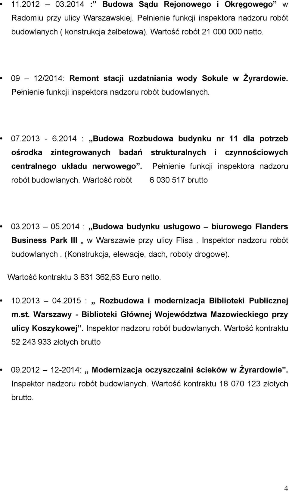 2014 : Budowa Rozbudowa budynku nr 11 dla potrzeb ośrodka zintegrowanych badań strukturalnych i czynnościowych centralnego układu nerwowego. Pełnienie funkcji inspektora nadzoru robót budowlanych.