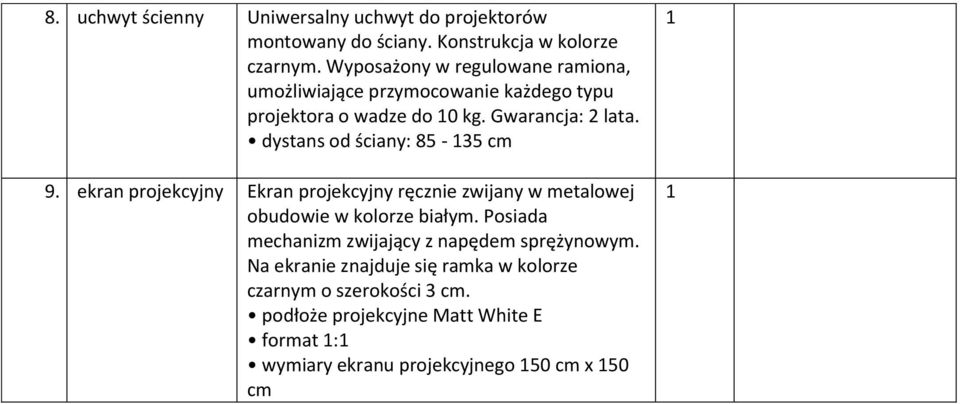 dystans od ściany: 85-35 c 9. ekran projekcyjny Ekran projekcyjny ręcznie zwijany w etalowej obudowie w kolorze biały.