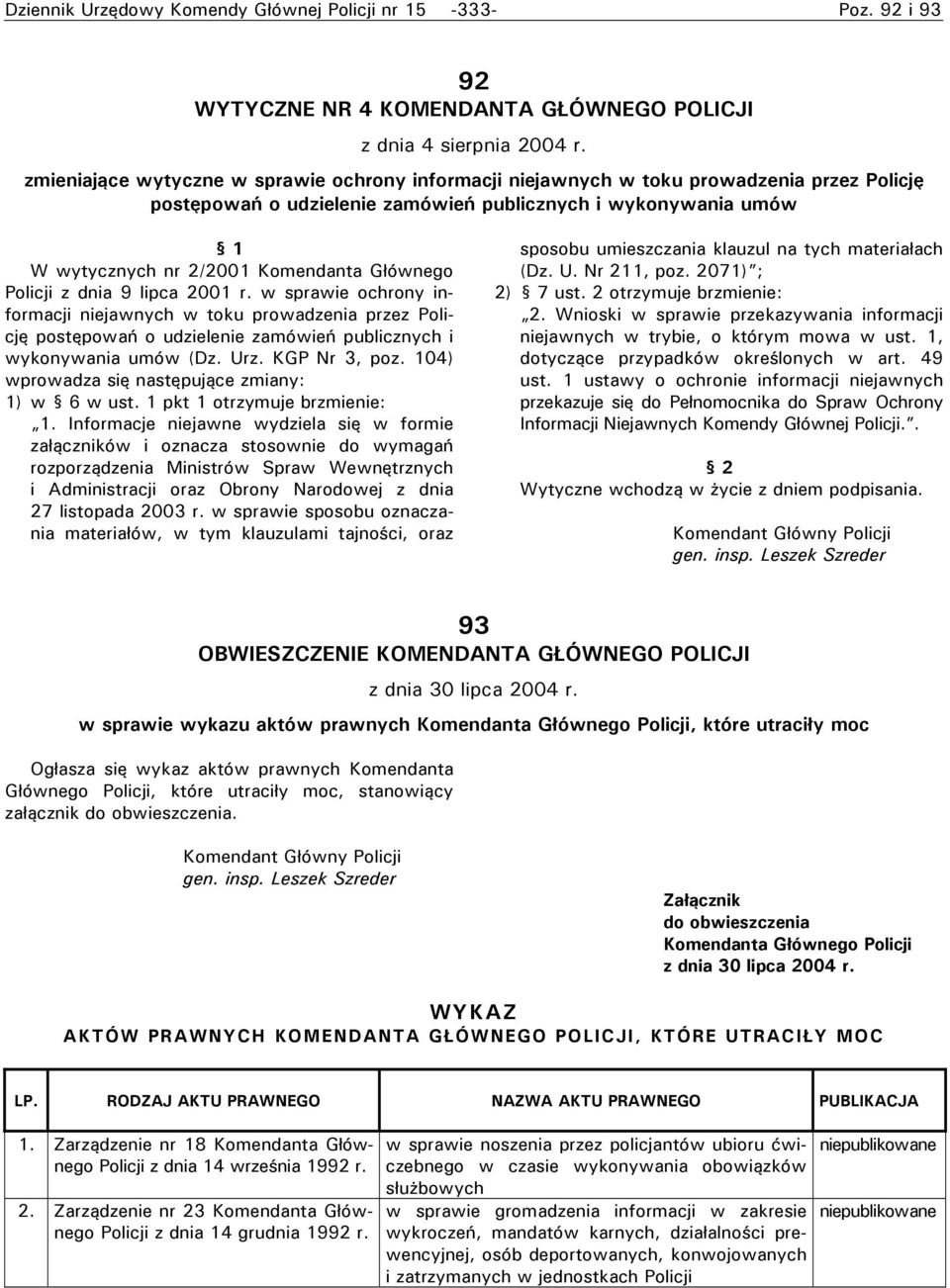 Głównego Policji z dnia 9 lipca 2001 r. w sprawie ochrony informacji niejawnych w toku prowadzenia przez Policję postępowań o udzielenie zamówień publicznych i wykonywania umów (Dz. Urz.