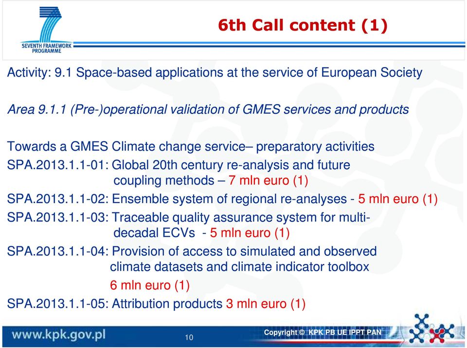 2013.1.1-03: 03: Traceable quality assurance system for multi- decadal ECVs - 5 mln euro (1) SPA.2013.1.1-04: 04: Provision of access to simulated and observed climate datasets and climate indicator toolbox 6 mln euro (1) SPA.