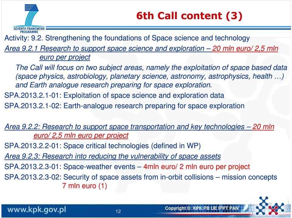 1 Research to support space science and exploration 20 mln euro/ 2,5 mln euro per project The Call will focus on two subject areas, namely the exploitation of space based data (space physics,