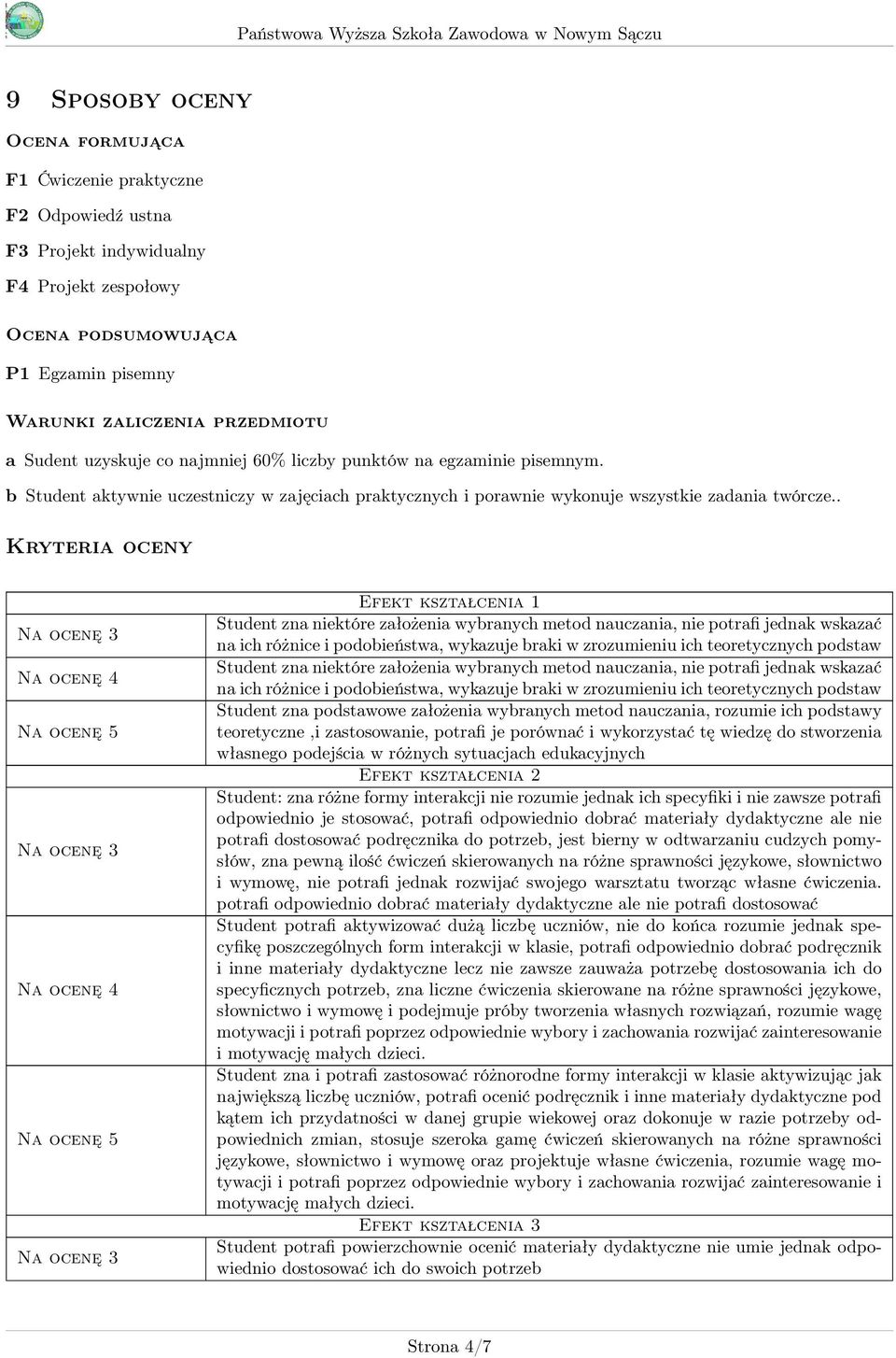 . Kryteria oceny Efekt kształcenia 1 Student zna niektóre założenia wybranych metod nauczania, nie potrafi jednak wskazać na ich różnice i podobieństwa, wykazuje braki w zrozumieniu ich teoretycznych