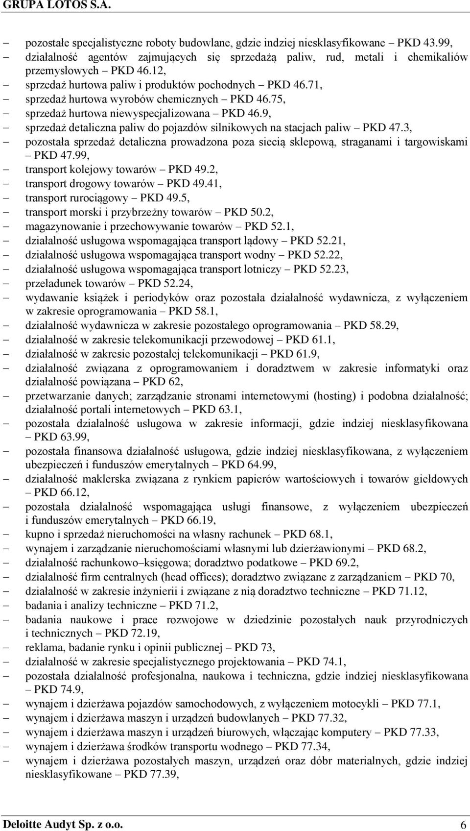 9, sprzedaż detaliczna paliw do pojazdów silnikowych na stacjach paliw PKD 47.3, pozostała sprzedaż detaliczna prowadzona poza siecią sklepową, straganami i targowiskami PKD 47.