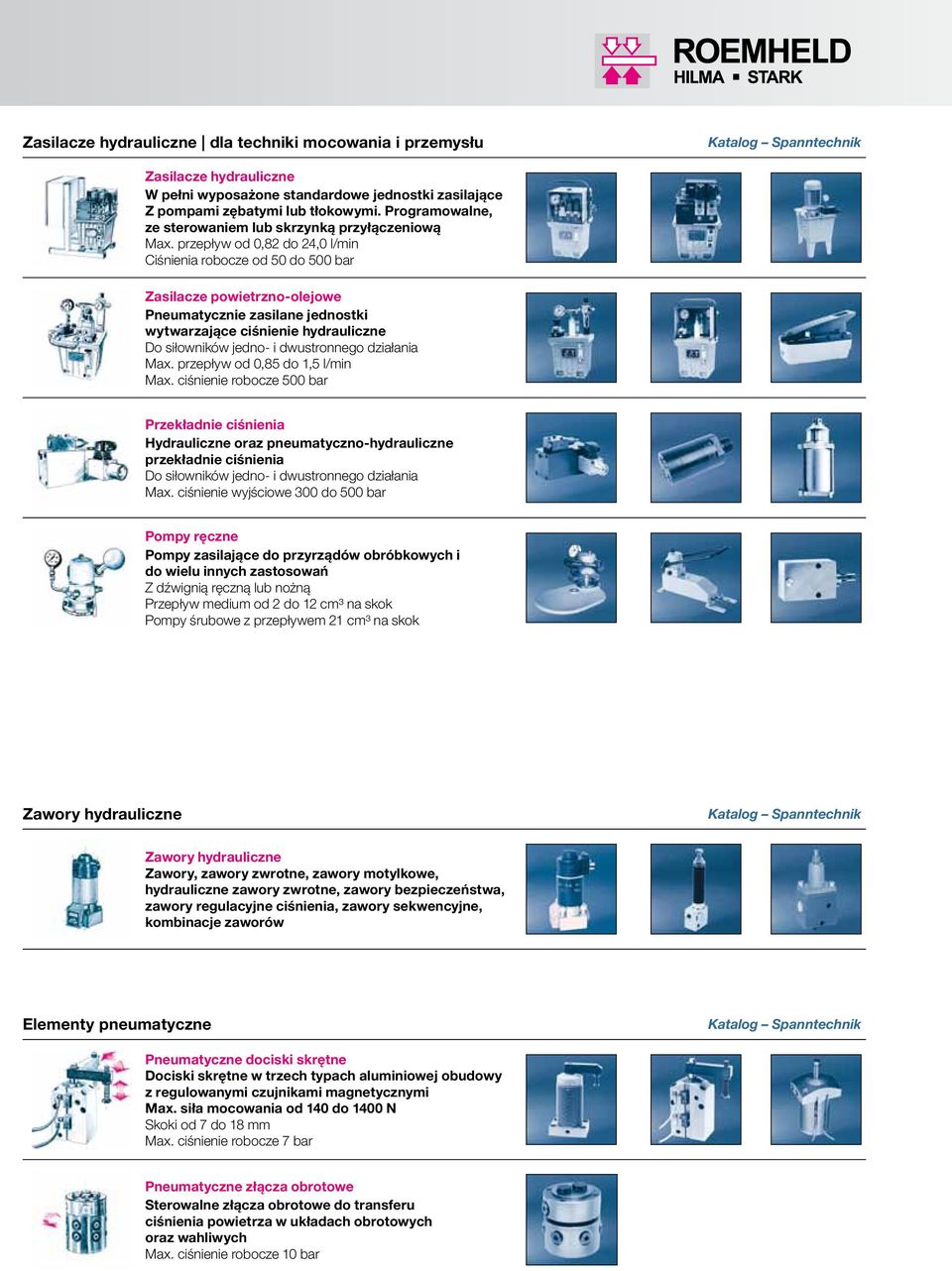 przepływ od 0,82 do 24,0 l/min Ciśnienia robocze od 50 do 500 bar Zasilacze powietrzno-olejowe Pneumatycznie zasilane jednostki wytwarzające ciśnienie hydrauliczne Do siłowników jedno- i dwustronnego