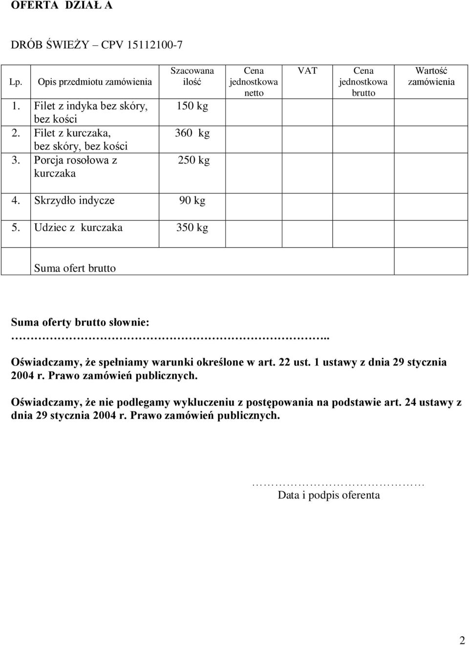 Udziec z kurczaka 350 kg Suma ofert brutto Suma oferty brutto słownie:.. Oświadczamy, że spełniamy warunki określone w art. 22 ust.