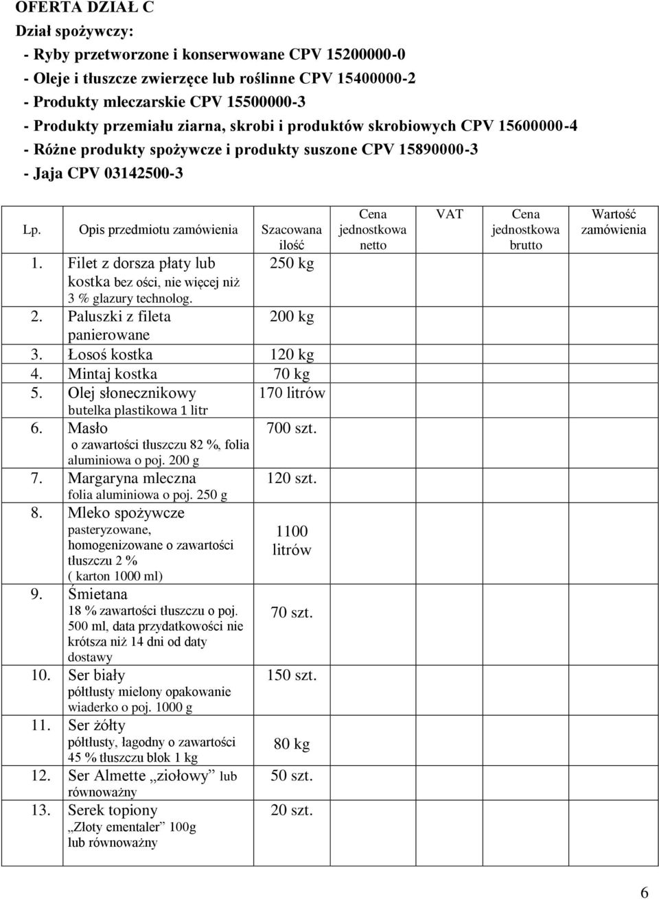 Filet z dorsza płaty lub 250 kg kostka bez ości, nie więcej niż 3 % glazury technolog. 2. Paluszki z fileta 200 kg panierowane 3. Łosoś kostka 120 kg 4. Mintaj kostka 70 kg 5.