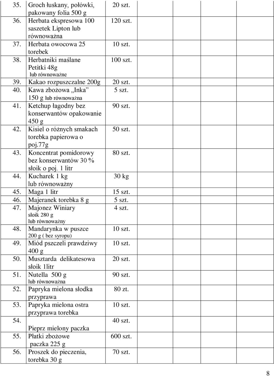 Kisiel o różnych smakach 50 szt. torebka papierowa o poj.77g 43. Koncentrat pomidorowy 80 szt. bez konserwantów 30 % słoik o poj. 1 litr 44. Kucharek 1 kg 30 kg 45. Maga 1 litr 15 szt. 46.