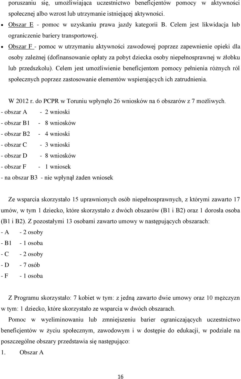 Obszar F - pomoc w utrzymaniu aktywności zawodowej poprzez zapewnienie opieki dla osoby zależnej (dofinansowanie opłaty za pobyt dziecka osoby niepełnosprawnej w żłobku lub przedszkolu).