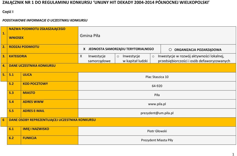 DANE UCZESTNIKA KONKURSU X JEDNOSTA SAMORZĄDU TERYTORIALNEGO o Inwestycje w kapitał ludzki o ORGANIZACJA POZARZĄDOWA o Inwestycje w rozwój aktywności lokalnej,