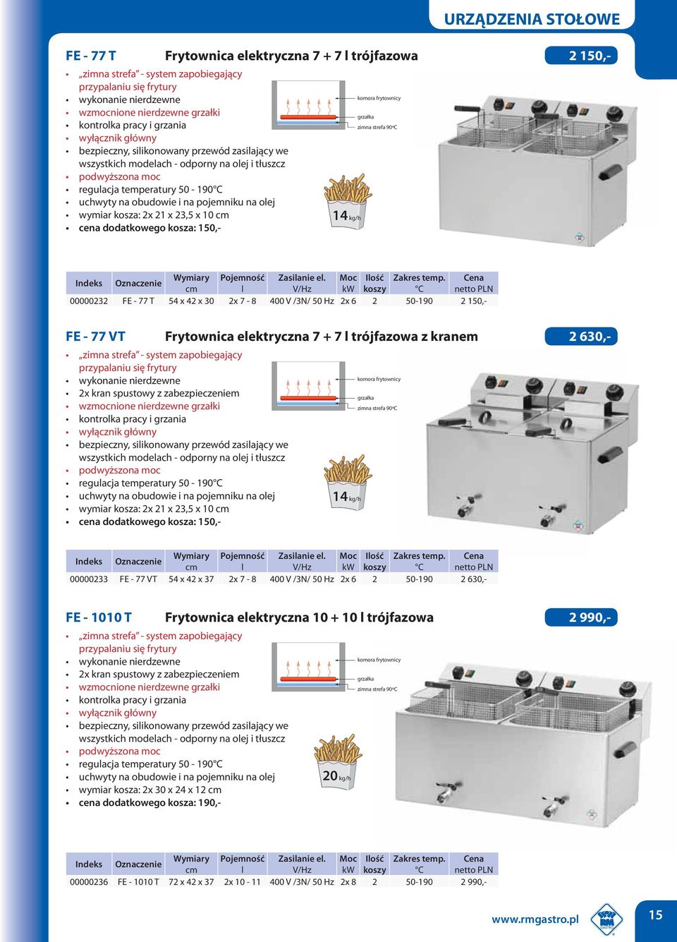 olej wymiar kosza: 2x 21 x 23,5 x 10 cena dodatkowego kosza: 150,- 14 /h komora frytownicy grzałka zimna strefa 90ºC Pojemność Ilość Zakres temp.