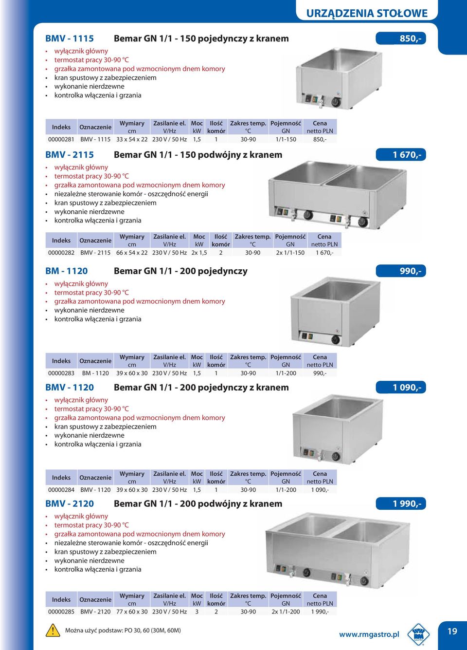 Pojemność komór C GN 00000281 BMV - 1115 33 x 54 x 22 230 V / 50 Hz 1,5 1 30-90 1/1-150 850,- BMV - 2115 Bemar GN 1/1-150 podwójny z kranem 1 670,- wyłącznik główny termostat pracy 30-90 C grzałka