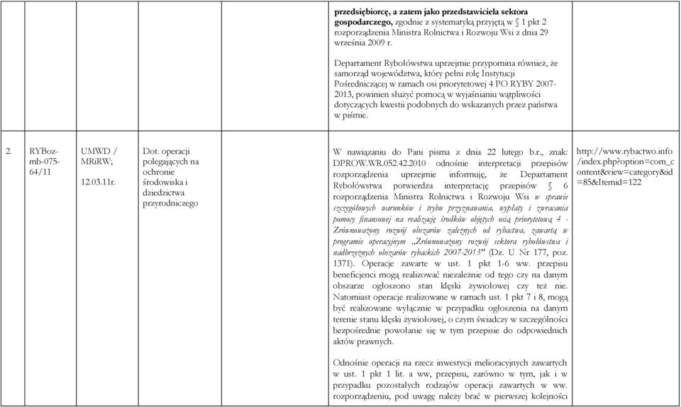 wyjaśnianiu wątpliwości dotyczących kwestii podobnych do wskazanych przez państwa w piśmie. 2. RYBoz- mb-075-64/11 UMWD / MRiRW; 12.03.11r. Dot.