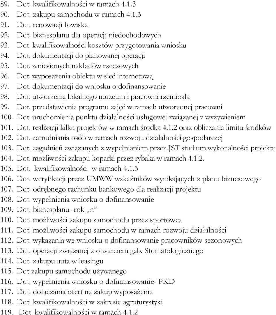 Dot. przedstawienia programu zajęć w ramach utworzonej pracowni 100. Dot. uruchomienia punktu działalności usługowej związanej z wyżywieniem 101. Dot. realizacji kilku projektów w ramach środka 4.1.2 oraz obliczania limitu środków 102.