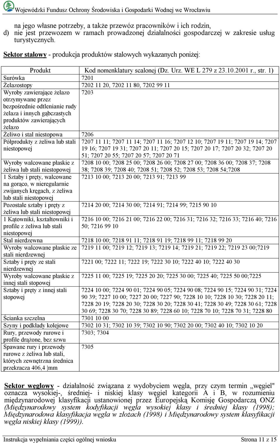 1) Surówka 7201 Żelazostopy 7202 11 20, 7202 11 80, 7202 99 11 Wyroby zawierające żelazo 7203 otrzymywane przez bezpośrednie odtlenianie rudy żelaza i innych gąbczastych produktów zawierających