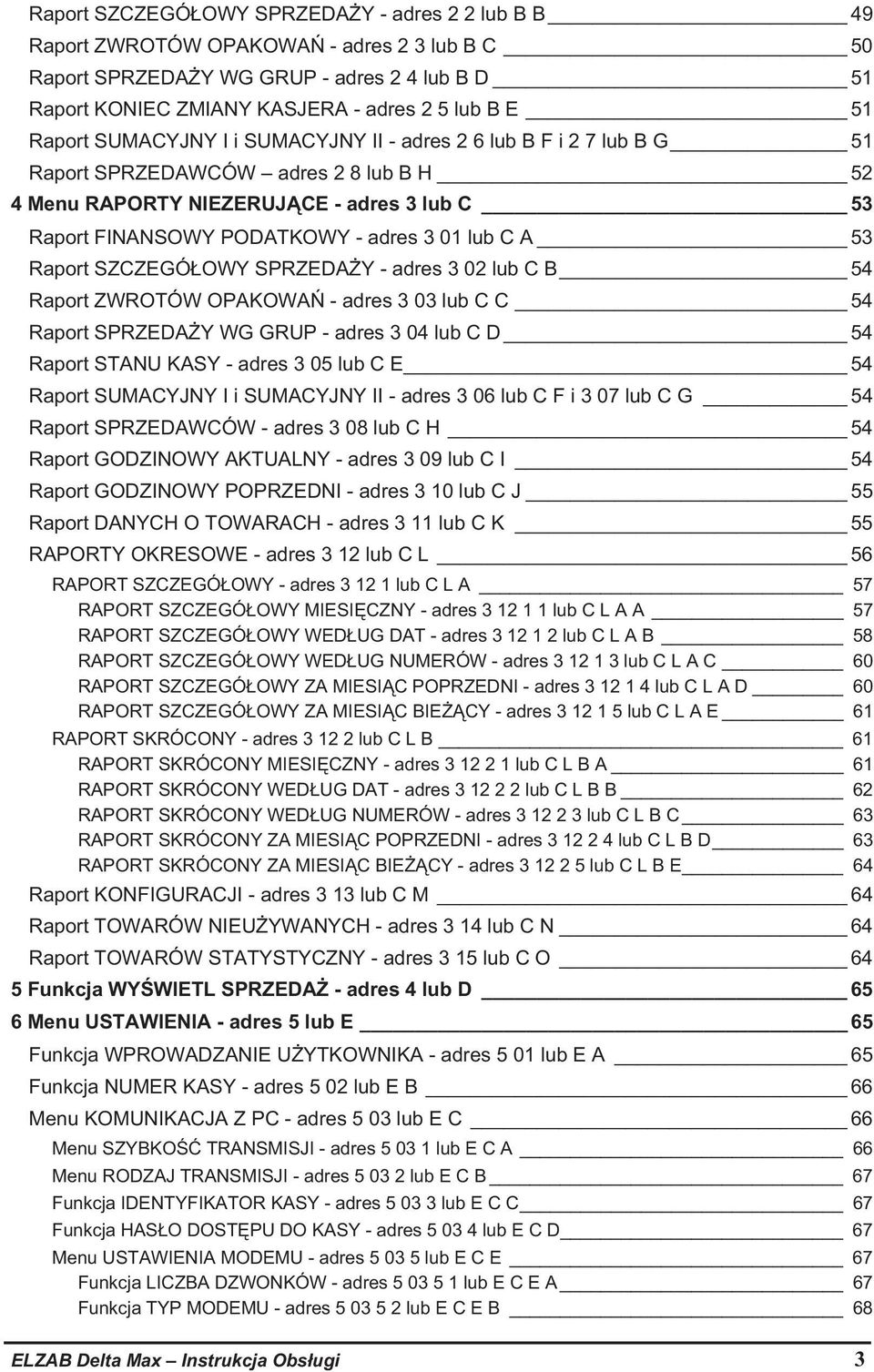 lub C A 53 Raport SZCZEGÓ OWY SPRZEDA Y - adres 3 02 lub C B 54 Raport ZWROTÓW OPAKOWA - adres 3 03 lub C C 54 Raport SPRZEDA Y WG GRUP - adres 3 04 lub C D 54 Raport STANU KASY - adres 3 05 lub C E