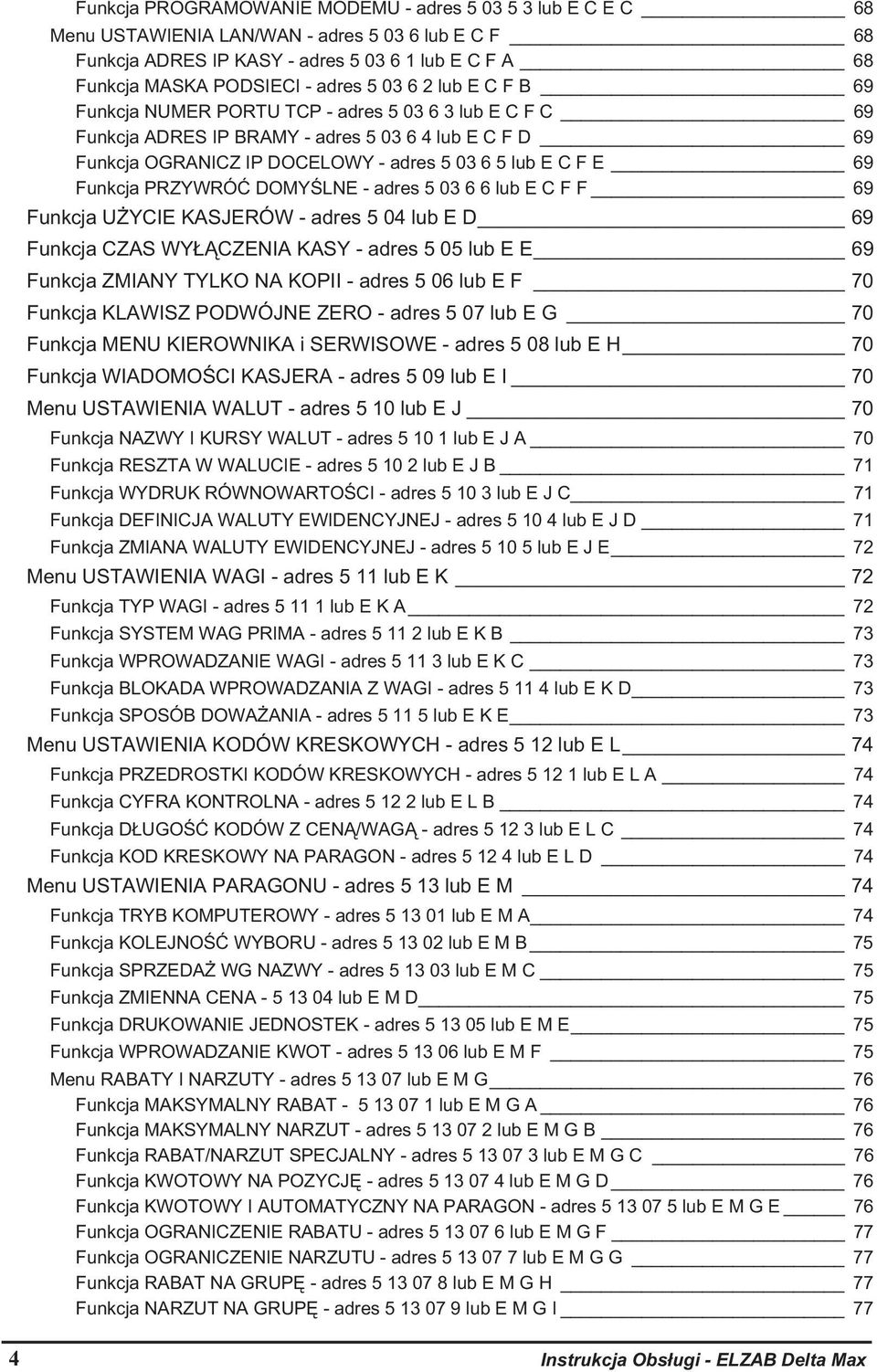 Funkcja PRZYWRÓ DOMY LNE - adres 5 03 6 6 lub E C F F 69 Funkcja U YCIE KASJERÓW - adres 5 04 lub E D 69 Funkcja CZAS WY CZENIA KASY - adres 5 05 lub E E 69 Funkcja ZMIANY TYLKO NA KOPII - adres 5 06