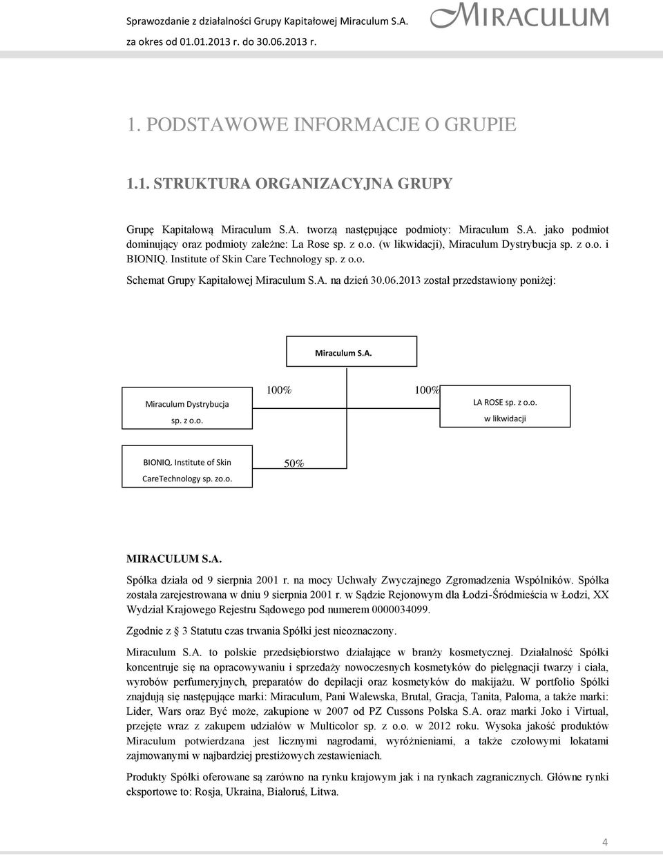 2013 został przedstawiony poniżej: Miraculum S.A. 100% Miraculum Dystrybucja sp. z o.o. (jednostka dominująca) 100% 100% LA ROSE sp. z o.o. w likwidacji BIONIQ. Institute of Skin CareTechnology sp.