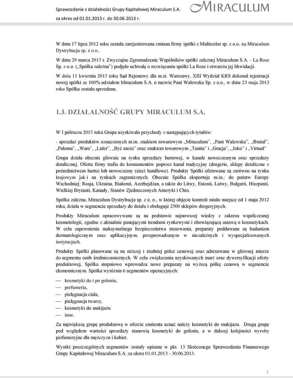 W dniu 11 kwietnia 2013 roku Sąd Rejonowy dla m.st. Warszawy, XIII Wydział KRS dokonał rejestracji nowej spółki ze 100% udziałem Miraculum S.A. o nazwie Pani Walewska Sp. z o.o., w dniu 23 maja 2013 roku Spółka została sprzedana.