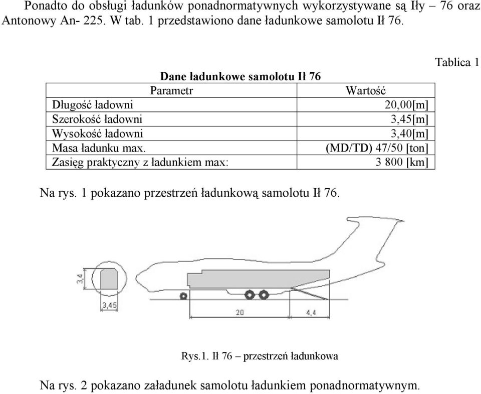 Zasięg praktyczny z ładunkiem max: Dane ładunkowe samolotu Ił 76 Parametr Wartość 20,00[m] 3,45[m] 3,40[m] (MD/TD) 47/50 [ton] 3
