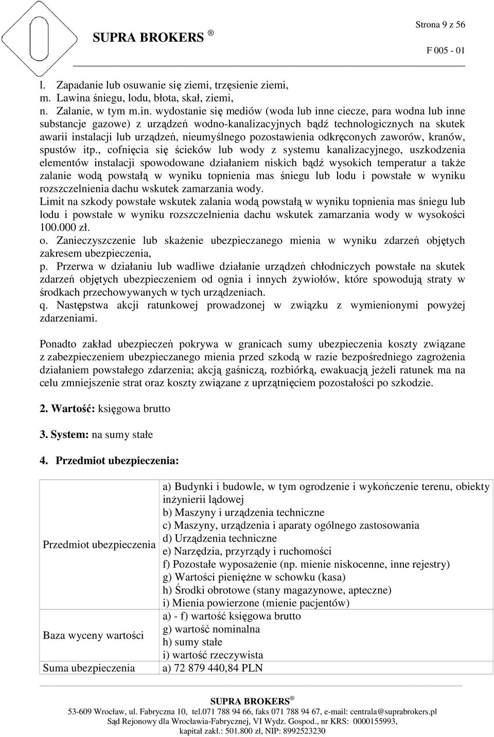 wydostanie się mediów (woda lub inne ciecze, para wodna lub inne substancje gazowe) z urządzeń wodno-kanalizacyjnych bądź technologicznych na skutek awarii instalacji lub urządzeń, nieumyślnego