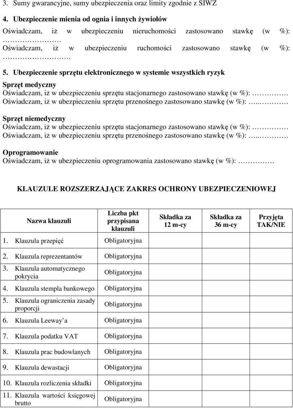 Ubezpieczenie sprzętu elektronicznego w systemie wszystkich ryzyk Sprzęt medyczny Oświadczam, iŝ w ubezpieczeniu sprzętu stacjonarnego zastosowano stawkę (w %): Oświadczam, iŝ w ubezpieczeniu sprzętu