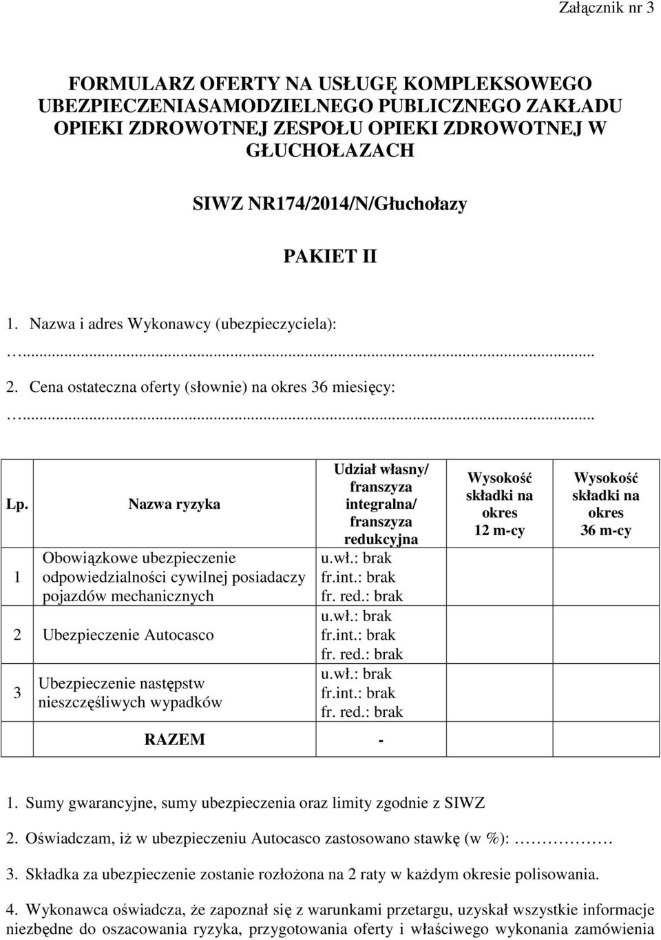 1 Nazwa ryzyka Obowiązkowe ubezpieczenie odpowiedzialności cywilnej posiadaczy pojazdów mechanicznych 2 Ubezpieczenie Autocasco 3 Ubezpieczenie następstw nieszczęśliwych wypadków Udział własny/