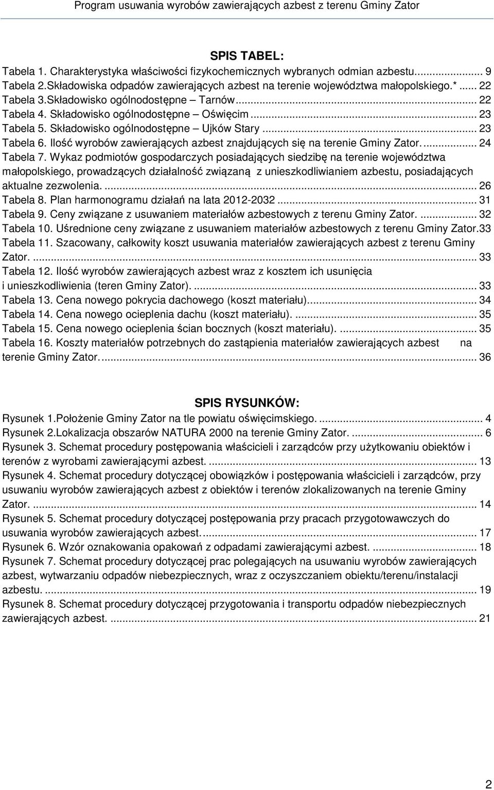 Ilość wyrobów zawierających azbest znajdujących się na terenie Gminy Zator.... 24 Tabela 7.