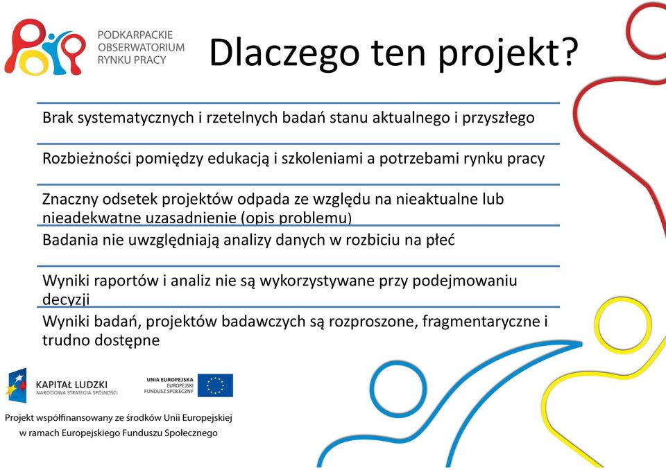 potrzebami rynku pracy Znaczny odsetek projektów odpada ze względu na nieaktualne lub nieadekwatne uzasadnienie (opis