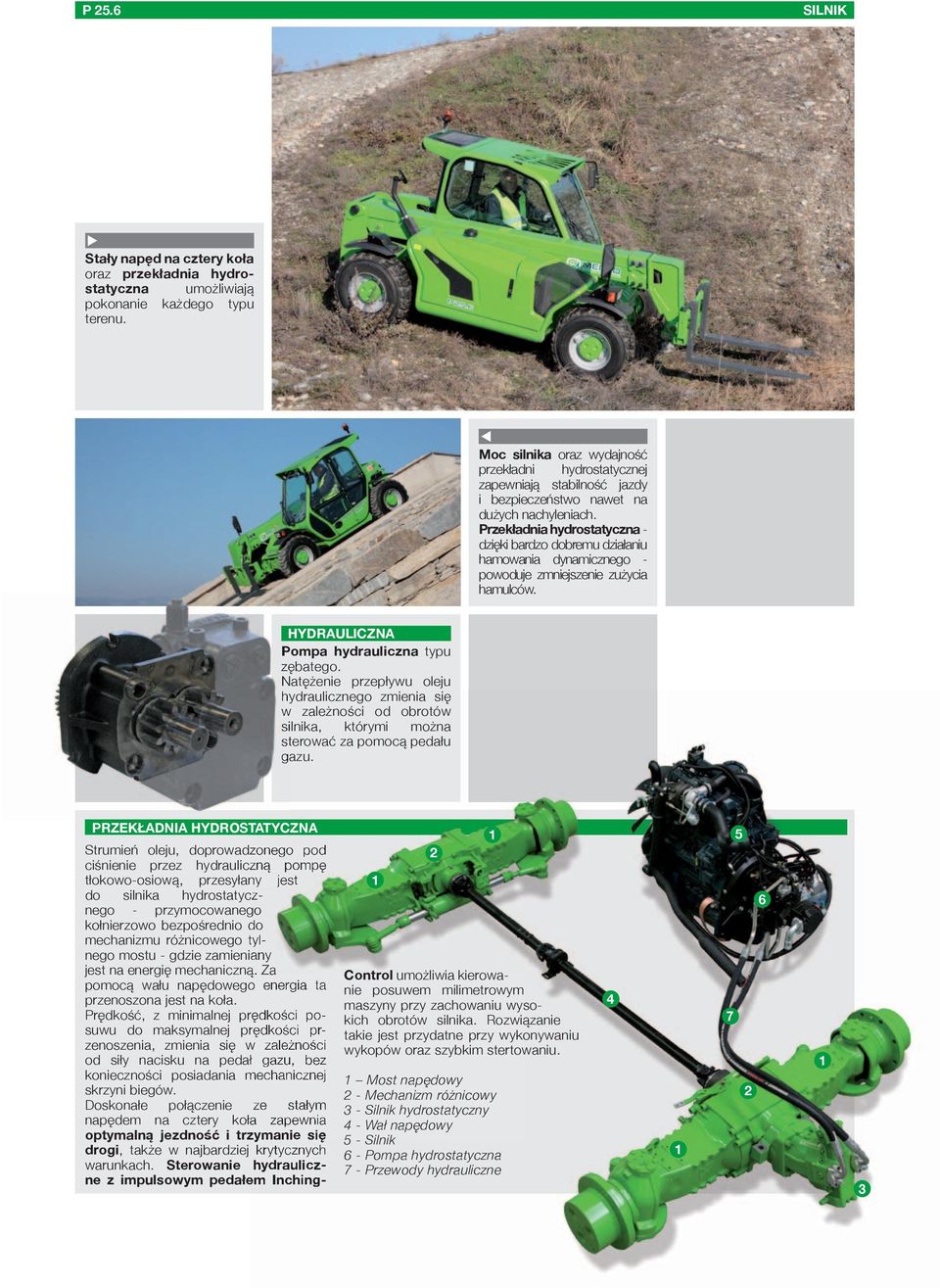 Przekładnia hydrostatyczna - dzięki bardzo dobremu działaniu hamowania dynamicznego - powoduje zmniejszenie zużycia hamulców. hydrauliczna Pompa hydrauliczna typu zębatego.
