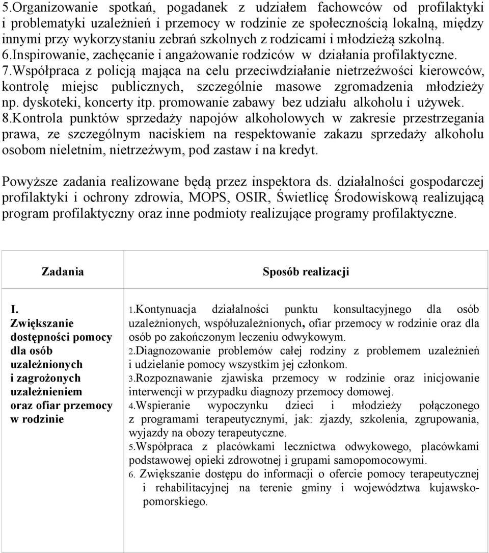 Współpraca z policją mająca na celu przeciwdziałanie nietrzeźwości kierowców, kontrolę miejsc publicznych, szczególnie masowe zgromadzenia młodzieży np. dyskoteki, koncerty itp.